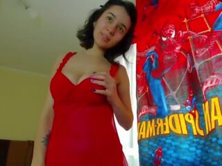 MylaAngel wears tight clothes&comma; presses her tits hard&comma; sucks her nipples